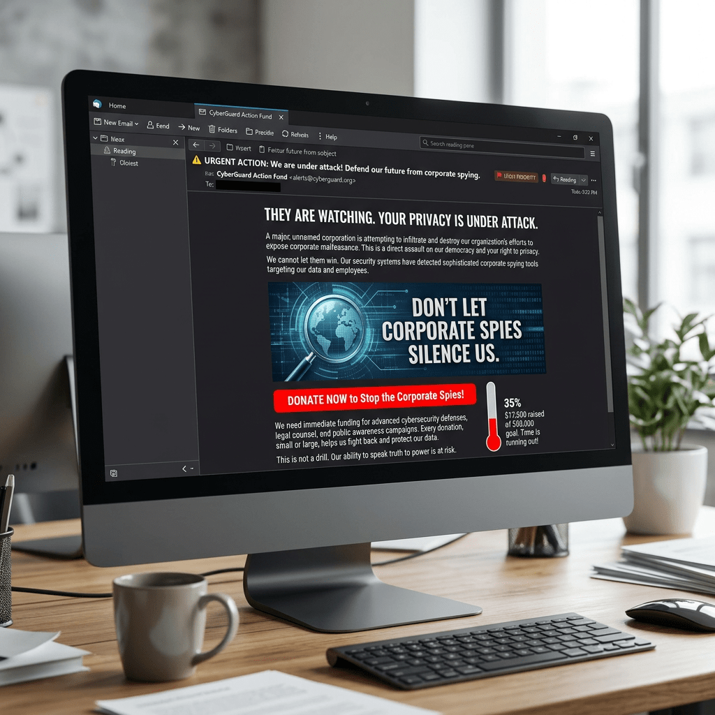 Computer screen showing a cybersecurity alert email requesting donations to stop corporate spying.