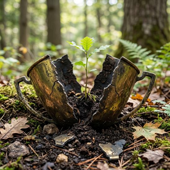 A small green plant sprouting from soil inside a broken trophy cup on forest floor