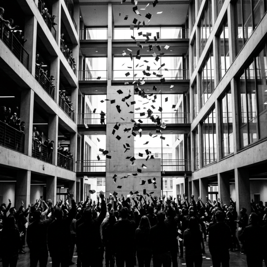 People tossing confetti in a large modern atrium surrounded by balconies