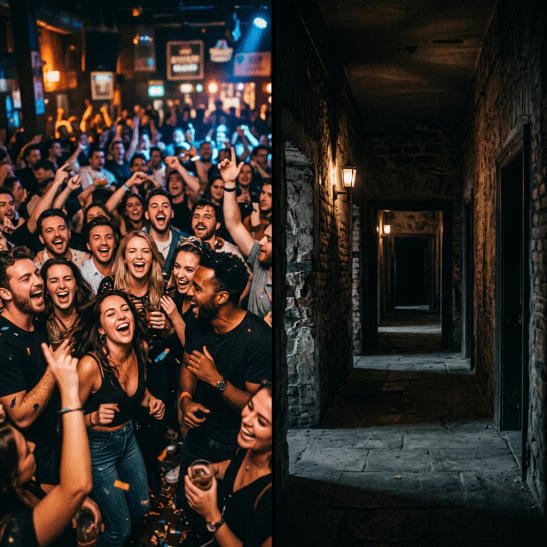 Crowd of people enjoying a lively party next to a dark stone corridor with lamps