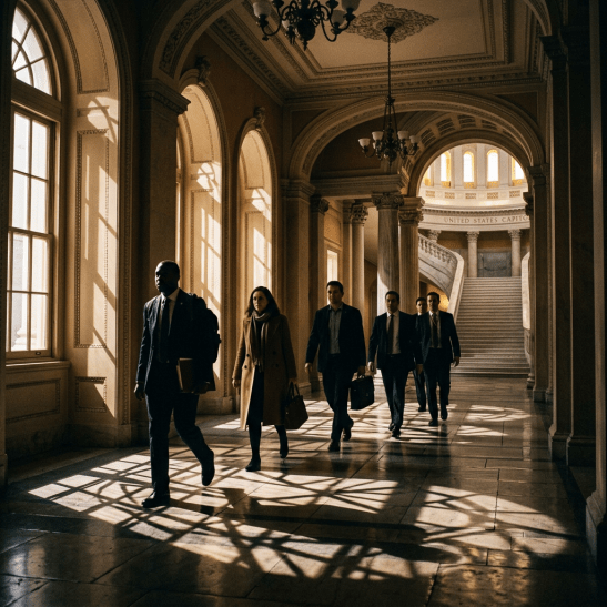Group of people walking in a grand hallway with arched windows and columns at the United States Capitol
