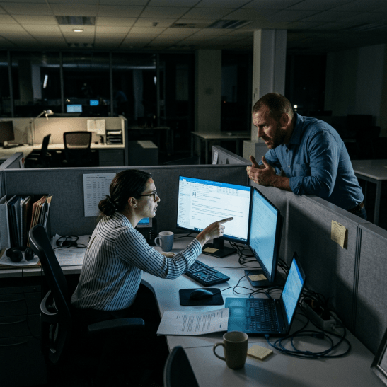 Colleagues talking over dual monitors at an office cubicle during nighttime