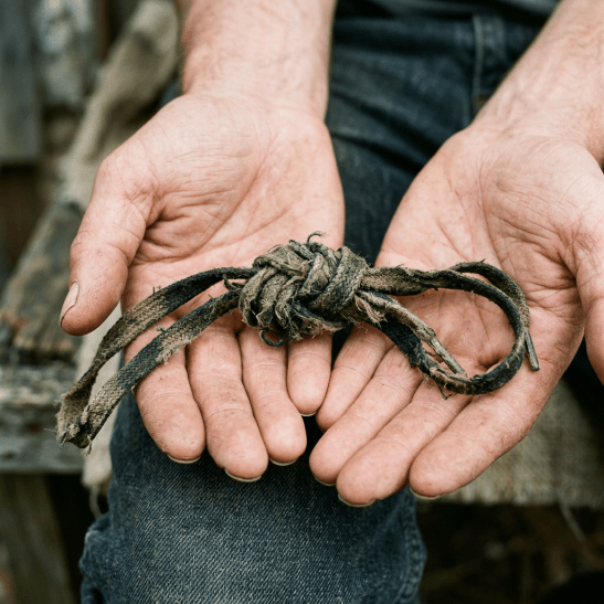 Worn knotted rope held in dirty hands over jeans