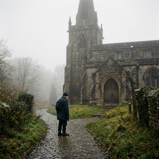 Man in dark coat and hat standing on wet cobblestone path outside historic stone church