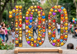 Number 100 composed of various colorful emojis on transparent stand