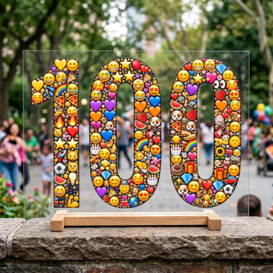 Number 100 composed of various colorful emojis on transparent stand