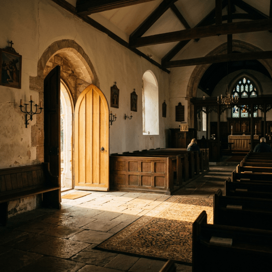 Interior of a historic church with wooden pews, open wooden door, stone floor, and stained glass windows