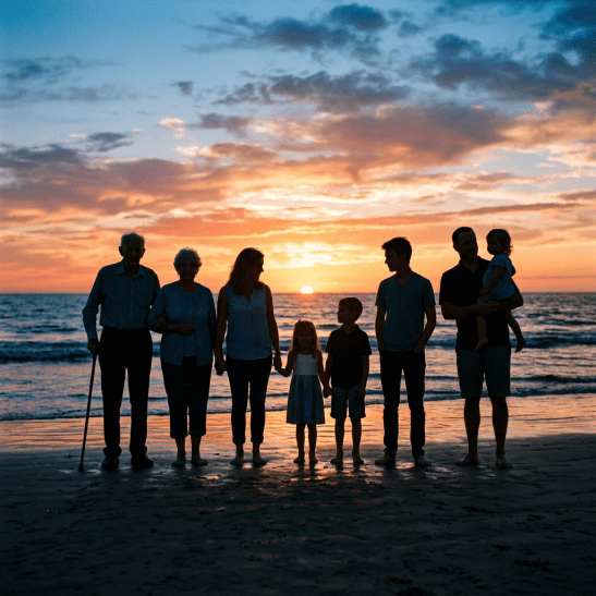 Silhouettes of three adults, two elderly individuals, and three children standing on a beach with the sun setting over the ocean