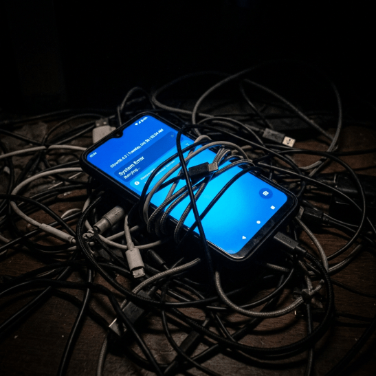 Smartphone showing system error screen tangled in multiple charging cables