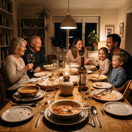 Family of six sharing a meal and laughter around a dining table with plates and wine.