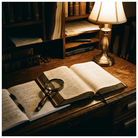 Open Bible with magnifying glass on handwritten notes on wooden desk under lamp light