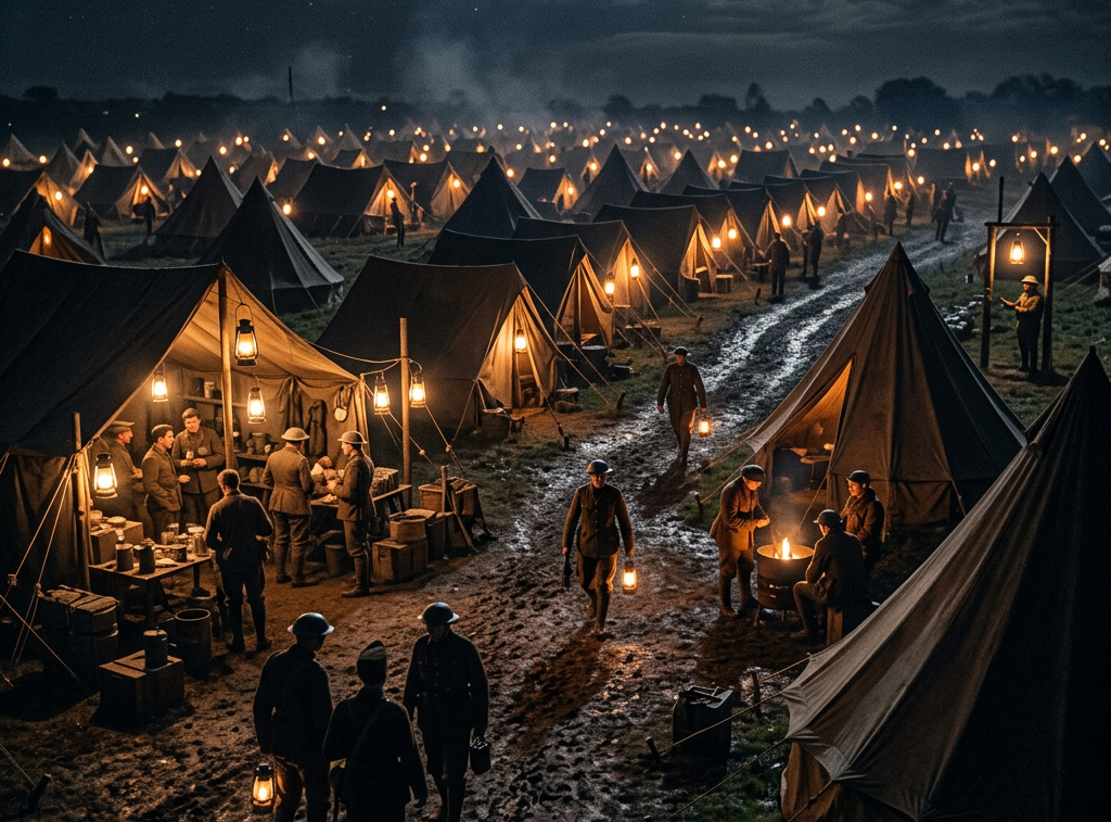 World War I military camp at night with rows of tents lit by lanterns and soldiers walking and gathered around fires