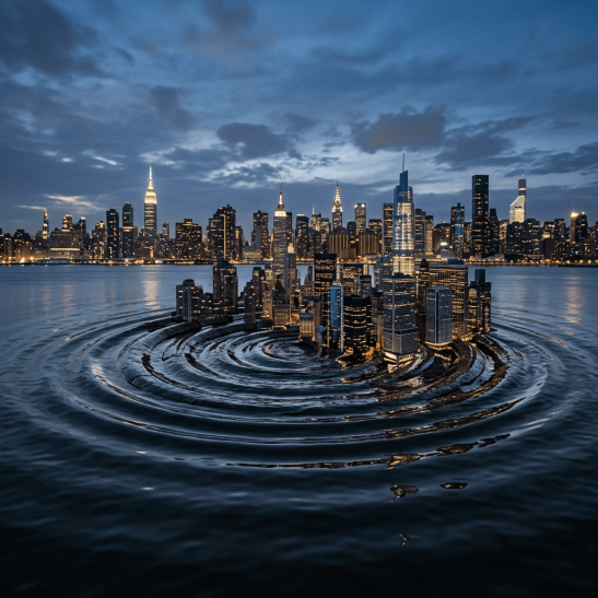 City skyline forming an island with concentric water ripples