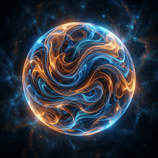 Glowing spherical object with intertwining blue and orange swirling patterns
