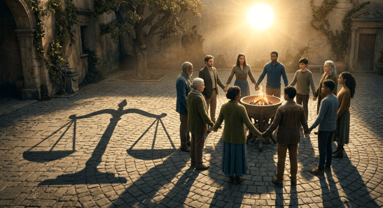 Ten people holding hands in a circle around a fire pit with a shadow of justice scales on the ground.
