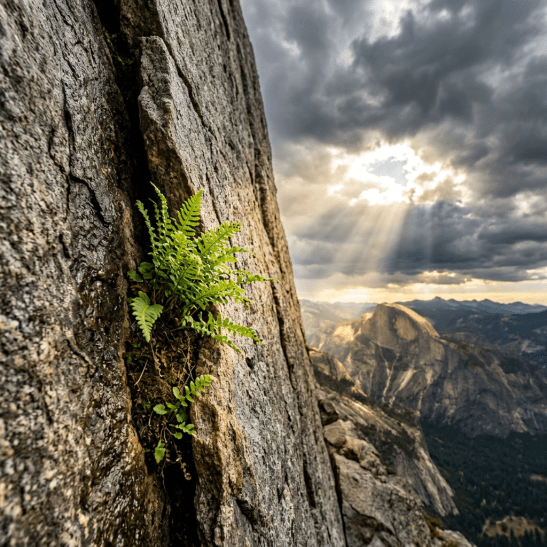 Green fern growing in rocky cliff crevice with sun rays shining through cloudy sky over mountains