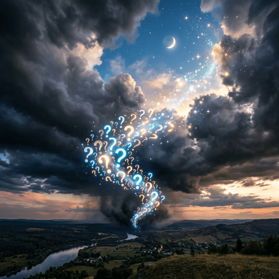 Swirling glowing question marks rising into a twilight sky with stars and crescent moon