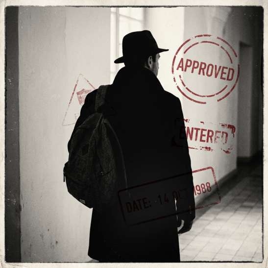 Person wearing a hat and dark coat with a backpack walking in a corridor with red stamped text overlays