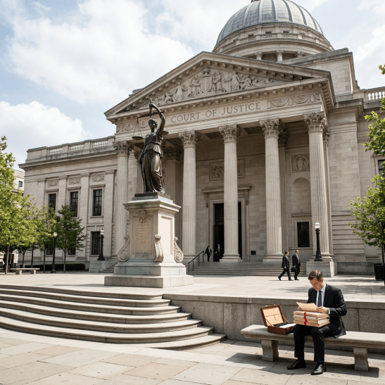 Man in suit reading legal documents on bench outside Court of Justice building
