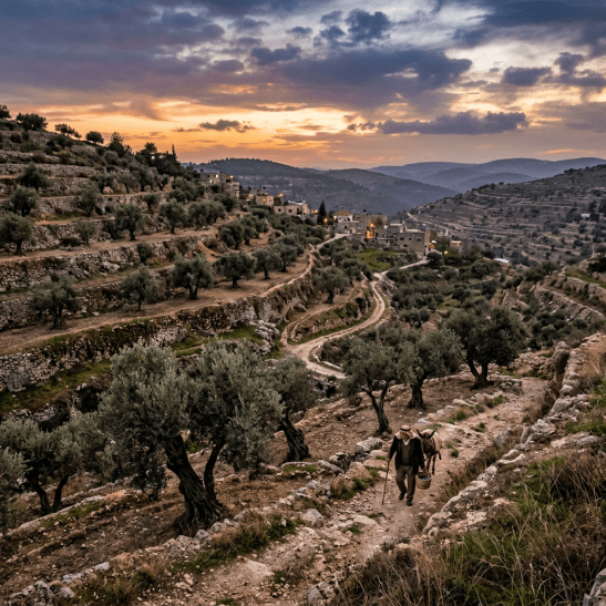 Farmer walking through terraced olive groves at sunset