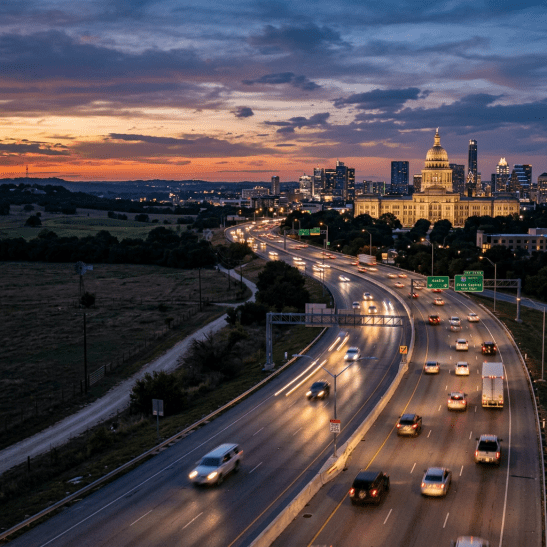 Austin skyline and Capitol building beyond a busy highway at sunset