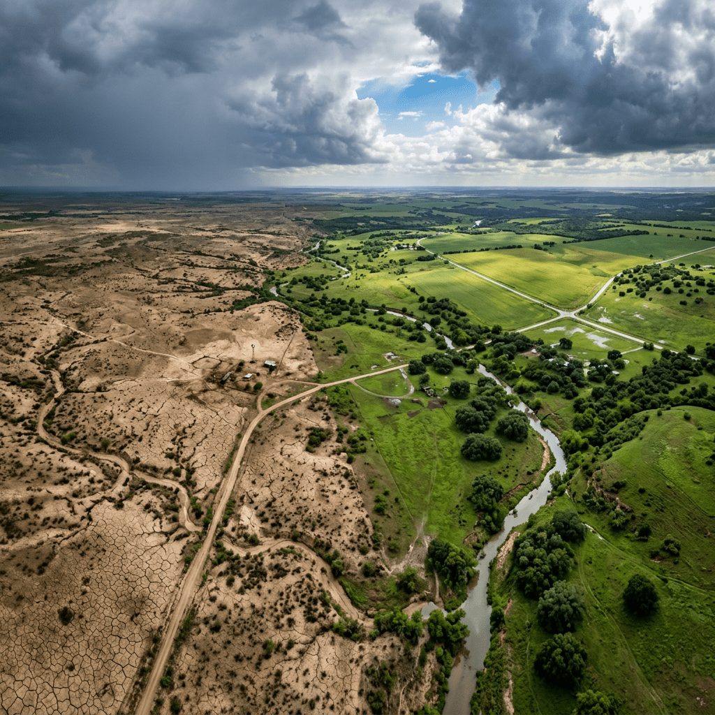 A winding river separates dry cracked terrain from lush green farmland