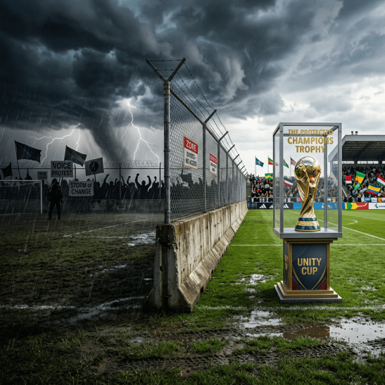 Trophy labeled UNITY CUP beside protest signs, fence, flags, and lightning
