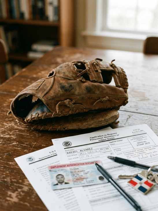 Worn baseball glove beside immigration forms, identification card, pen, and flag keychain