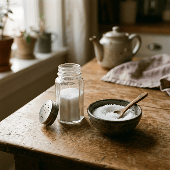 Sugar jar and bowl beside a teapot on a wooden table