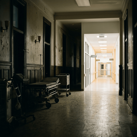 Old hospital hallway with gurneys leading to a bright modern corridor