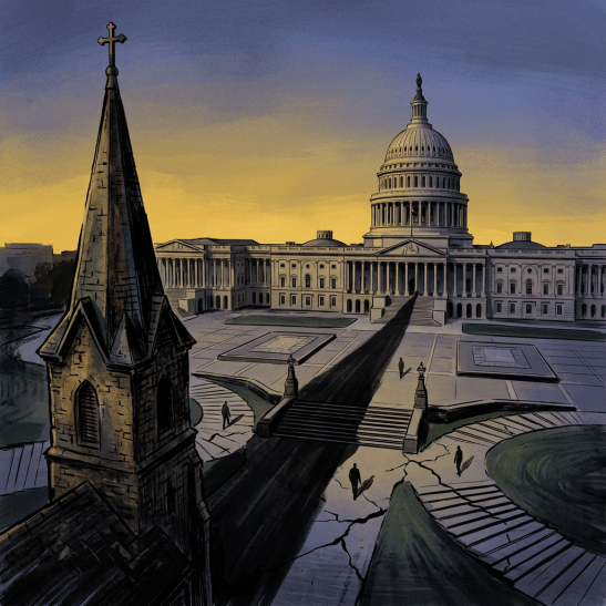 Illustration of the U.S. Capitol beside a cross-topped church at sunset
