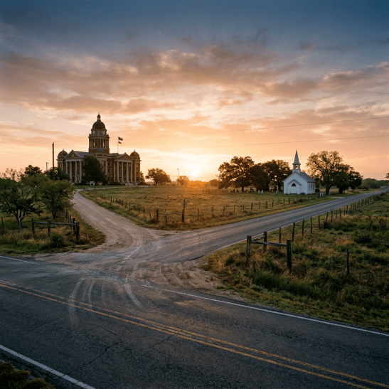 Rural Texas crossroads between church and government